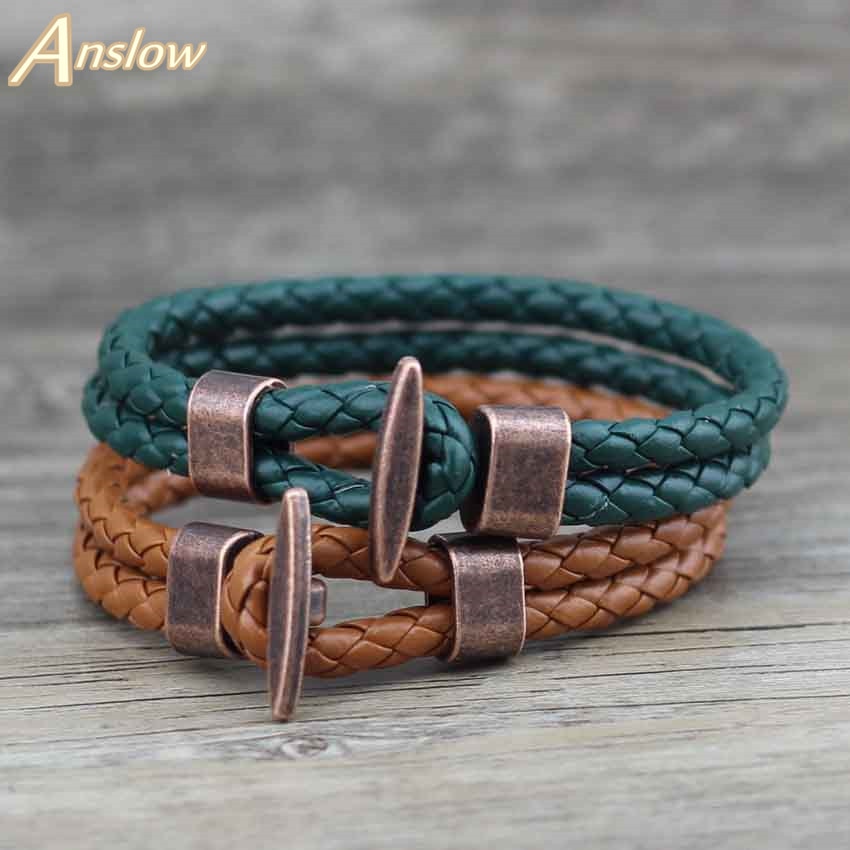 Anslow Fashion Jewelry Punk Rock  Antique Copper Plated PU Leather Bracelet&Bangle For Women Men Friendship Party Gift LOW0241LB