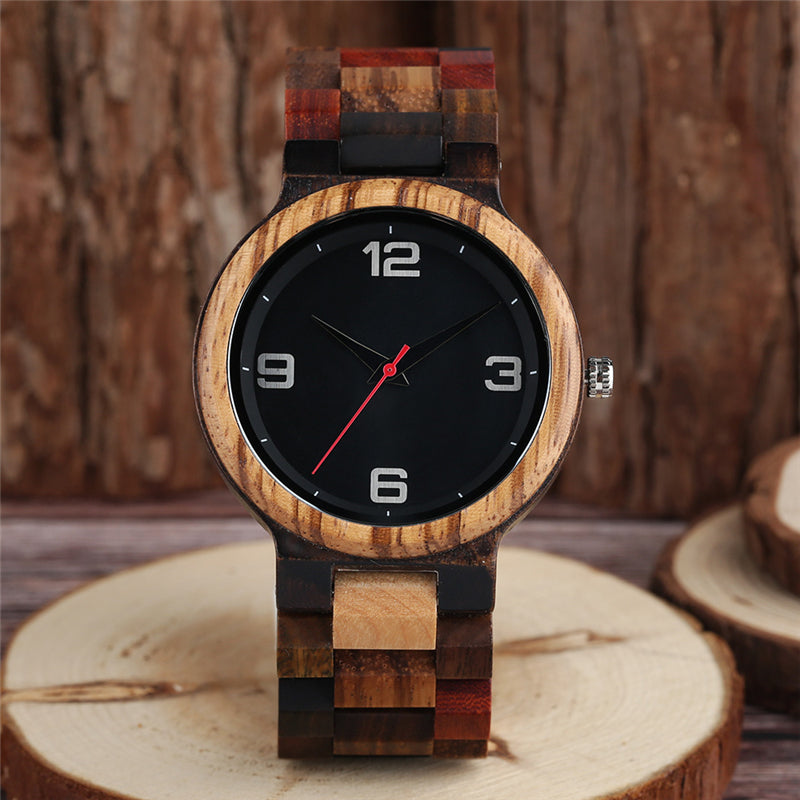 Vintage Full Wood Watch Male Unique Mixed Color Wooden Band Quartz Watch Men Clock Man Top Luxury Round Dial Watch Reloj Hombre