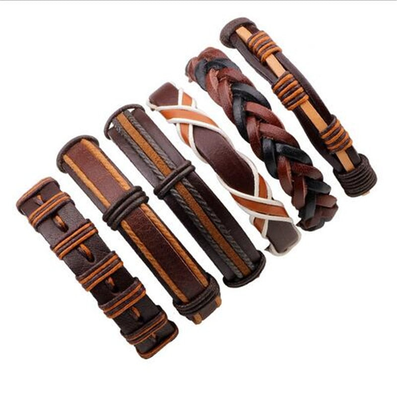 3-6pcs/set Fashion Men Leather Bracelets Leather Rope Weave Bracelet Classic Wax Line Adjustable Hand Bracelet Male Jewelry