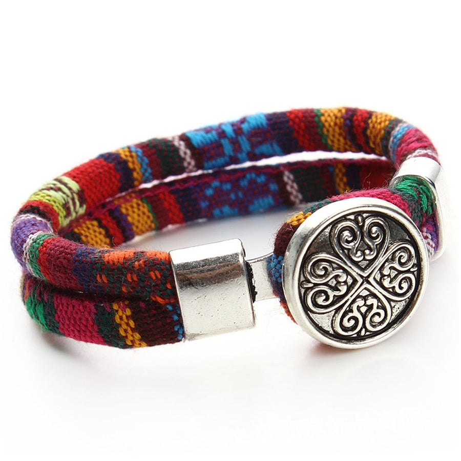Bohemian Boho Snap Button Bracelet for Women  Multicolor Cotton Cords Tibetan Silver Ethnic Charm Flower Bracelet Pulseras Mujer