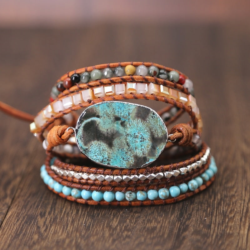 2019 Women Leather Bracelet Unique Mixed Natural Stone Charm 5 Strands Wrap Bracelets Handmade Boho Bracelet jewelry gift