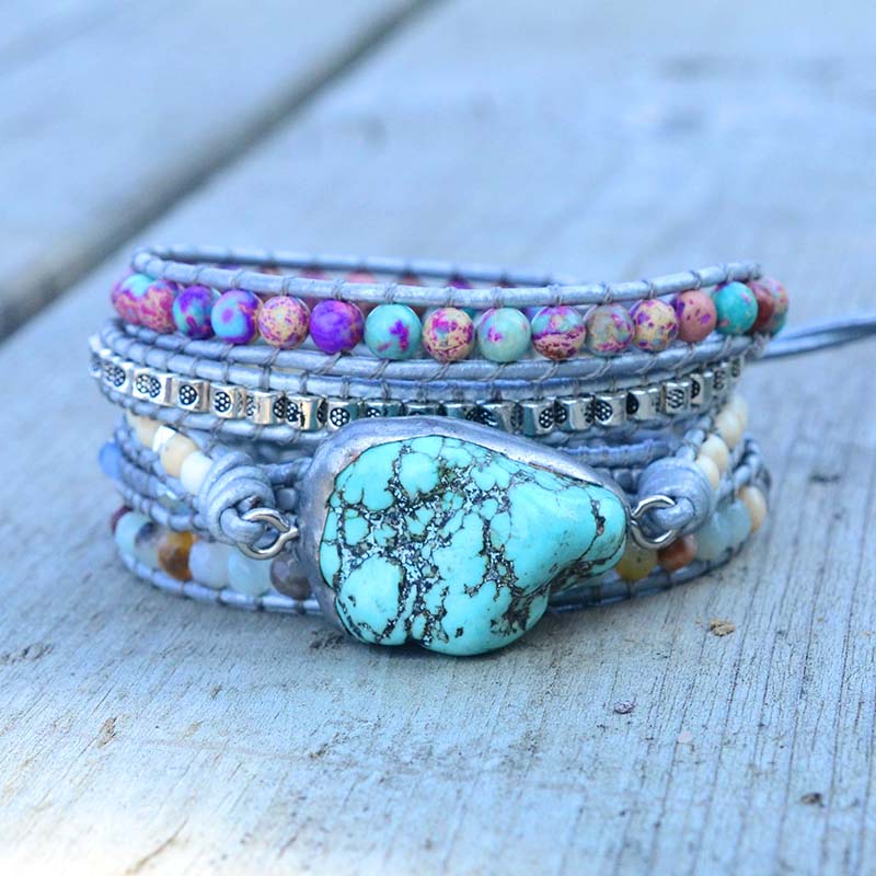Newest Unique Mixed Natural Stones turquoises Charm 5 Strands Wrap Bracelets Handmade Boho Bracelet Women Leather Bracelet